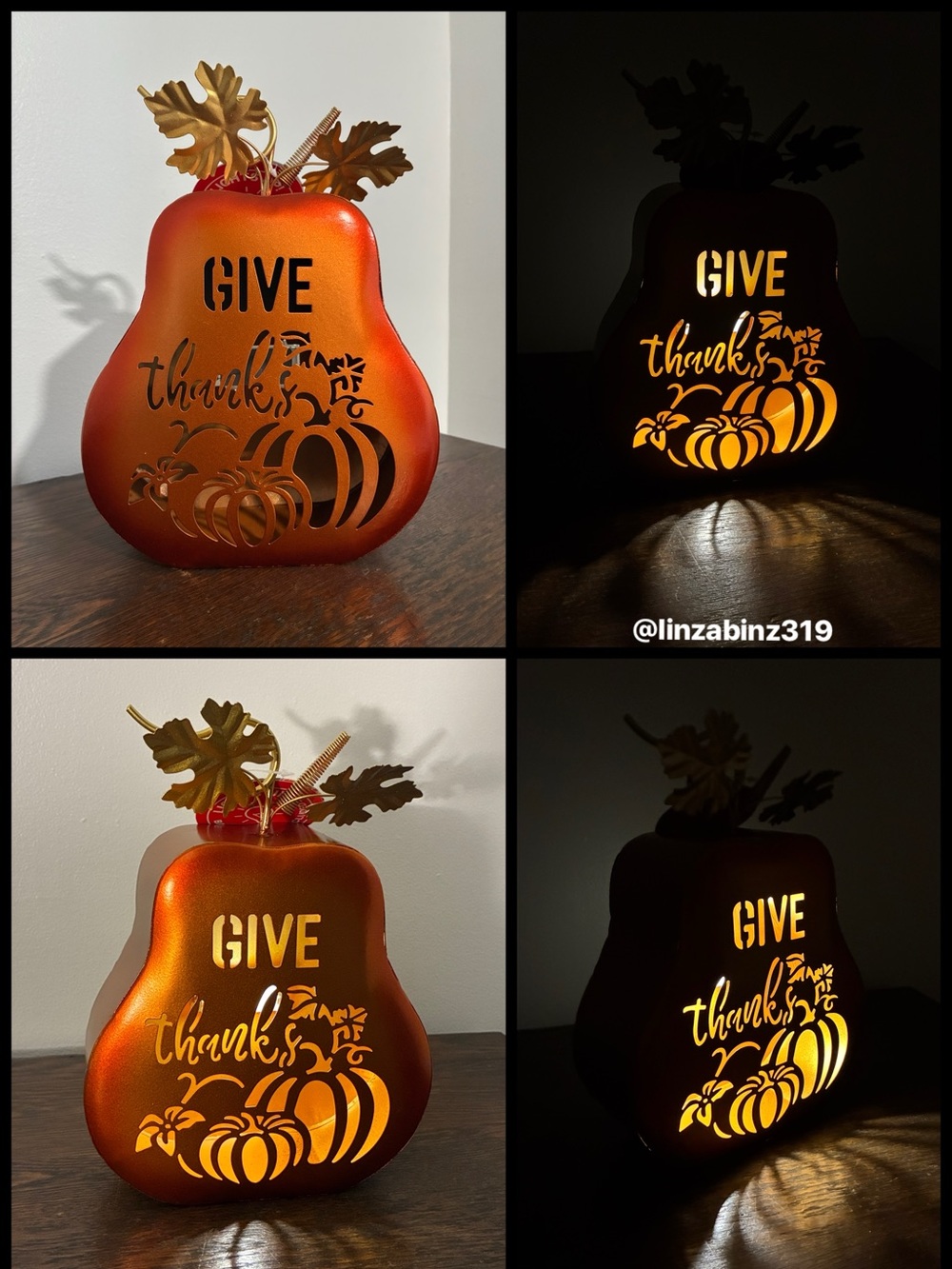 NWT-LED Light Up- Give Thanks-Orange Metal Pumpkin Decoration w/ Metal Leaves 🍁